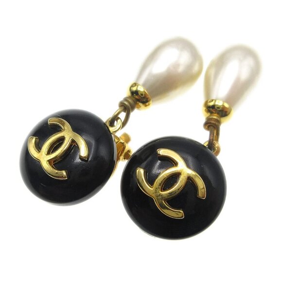 Chanel Artificial Pearl Dangle Earrings Clip-On Gold Black - Picture 4 of 4